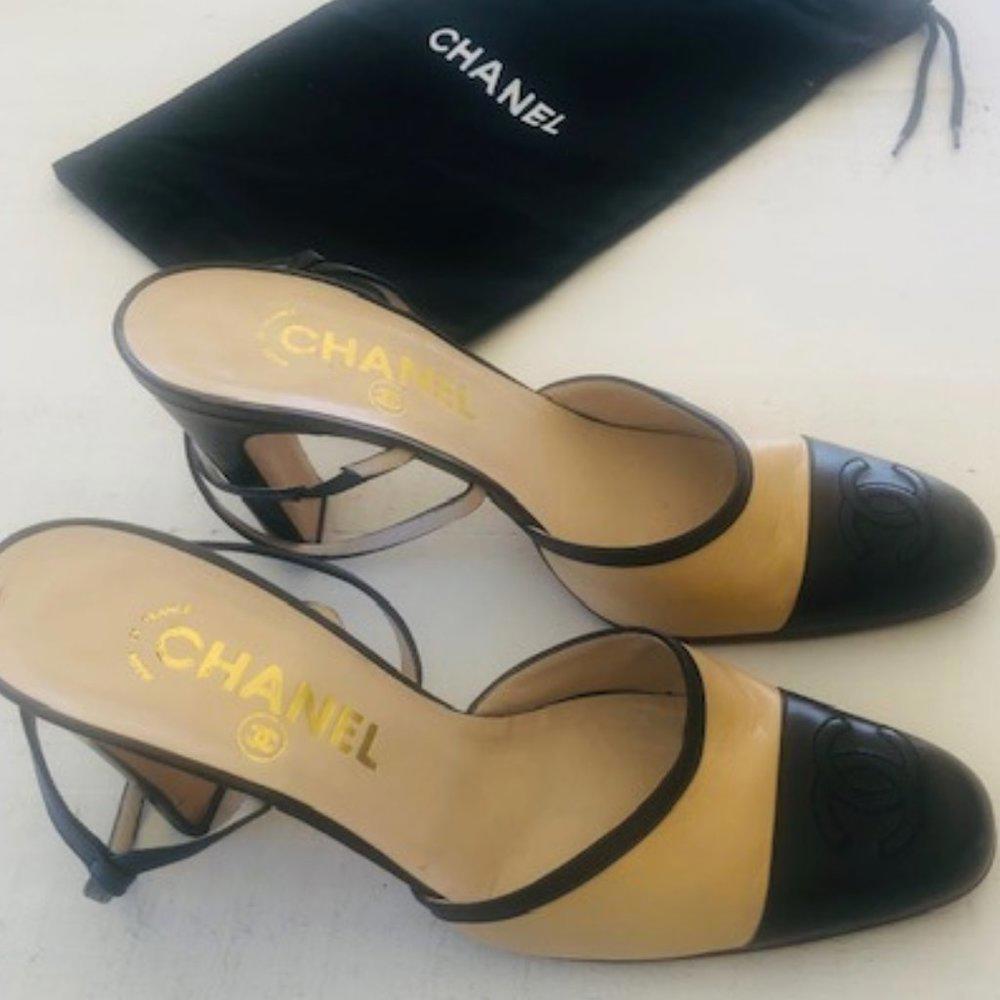 Chanel  Cream and Black Slingback Block Heel